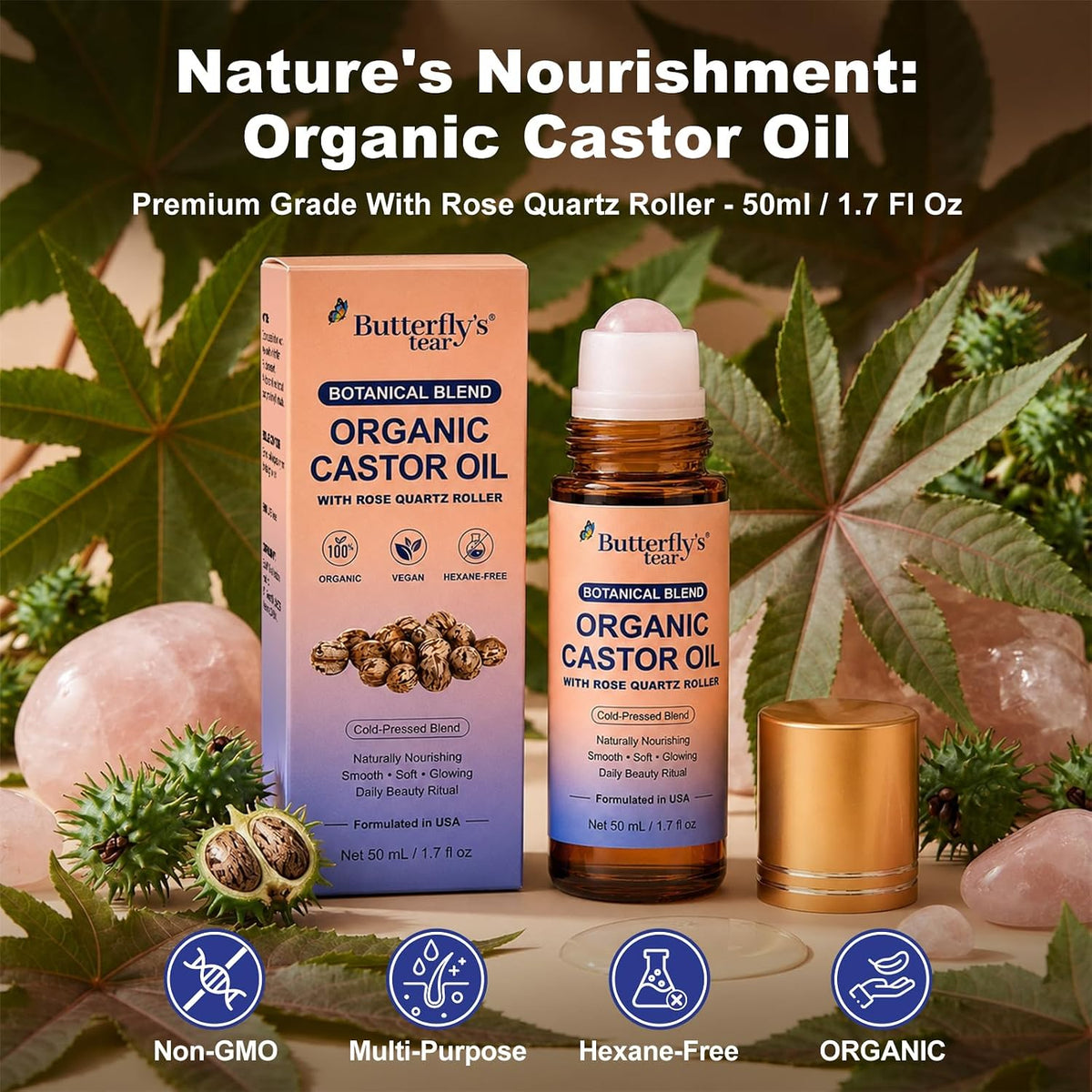Organic Castor Oil Rose Quartz Roller Ball,Castor Oil Rose Quartz Roller Ball,100% Pure Cold-Pressed, Hexane-Free,50Ml